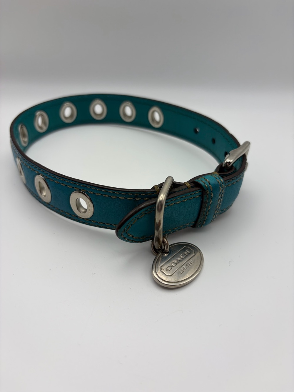 Coach Teal Leather Collar with Silver Grommets and Logo Charm size M
